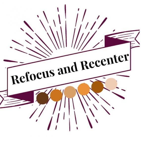 Conference logo; Scroll and starburst image with text 'Refocus and Recenter'