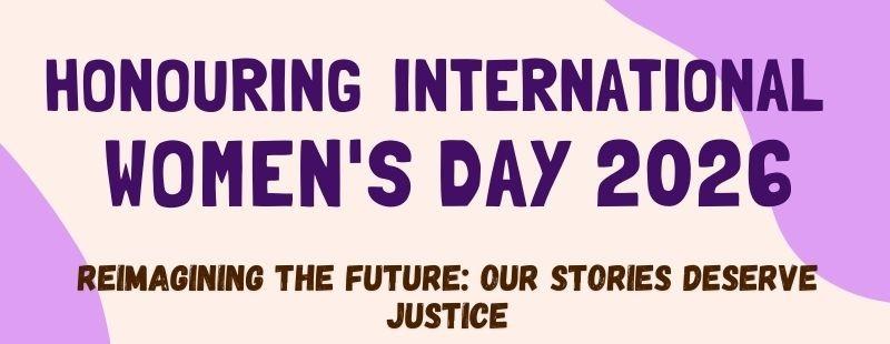 Purple text on a beige and purple background reads 'Honouring international women's day 2026'