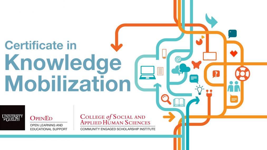 Postcard advertising the Certificate in Knowledge Mobilization. We see lines and arrows intersecting and pointing in different directions, and the logos of Open Ed and the Community Engaged Scholarship Institute at the University of Guelph.