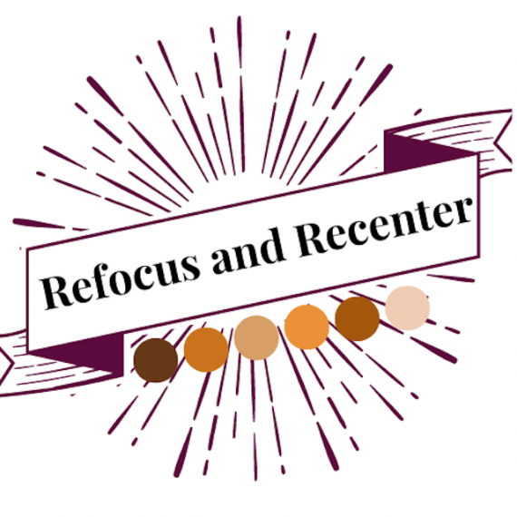 Conference logo; scroll and starburst image with text 'Refocus and Recenter'