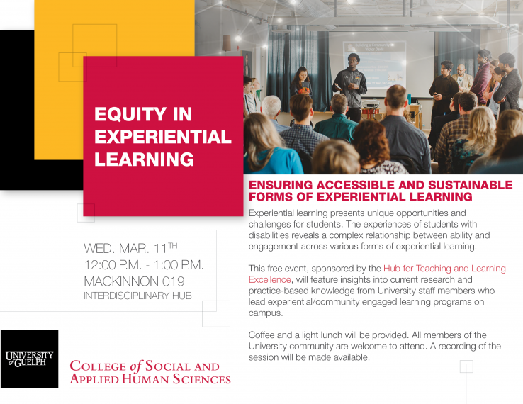 An image of a circle of university students beside the words, "Equity in experiential learning"