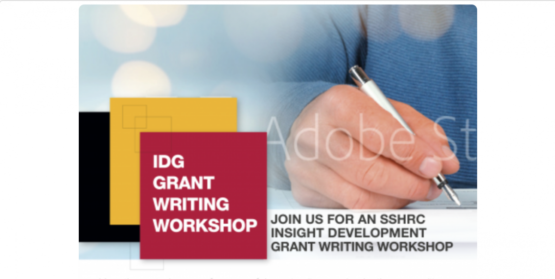 An image of a hand writing with a pen beside the words, "IDG Grant Writing Workshop."