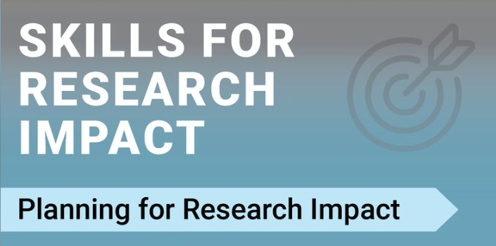 Image reads the title of the event: "Skills for Research Impact: Planning for Research Impact" on a blue background.