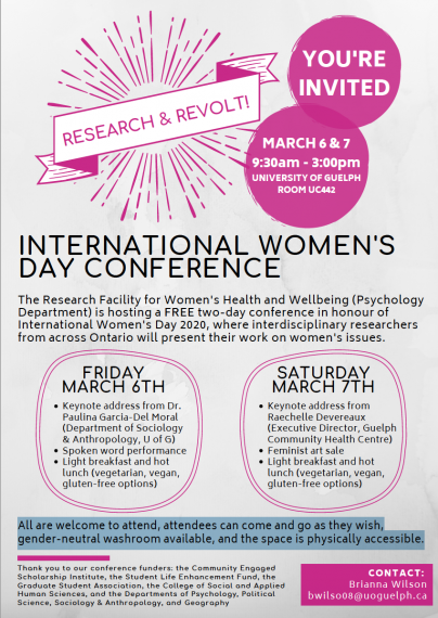 Headline "Research and Revolt: International Women's Day Conference," followed by the text description of the event.