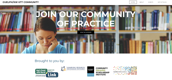 Screenshot from the main page of the KTT CoP website, showing a woman reading in a library with the words "Join our Community of Practice" as an overlay.