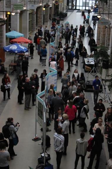 Members of the public attending a poster exhibit in the Quebec Street mall.