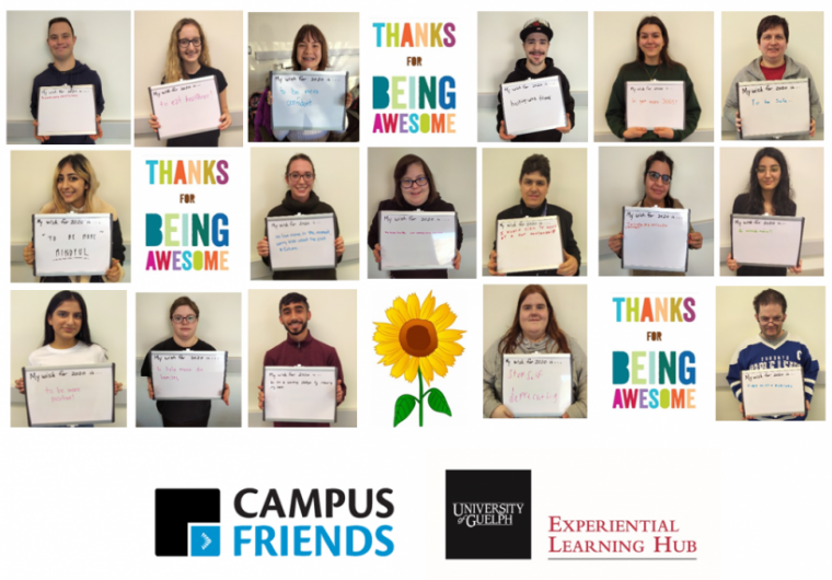 Collage of 17 students holding whiteboard signs and smiling.