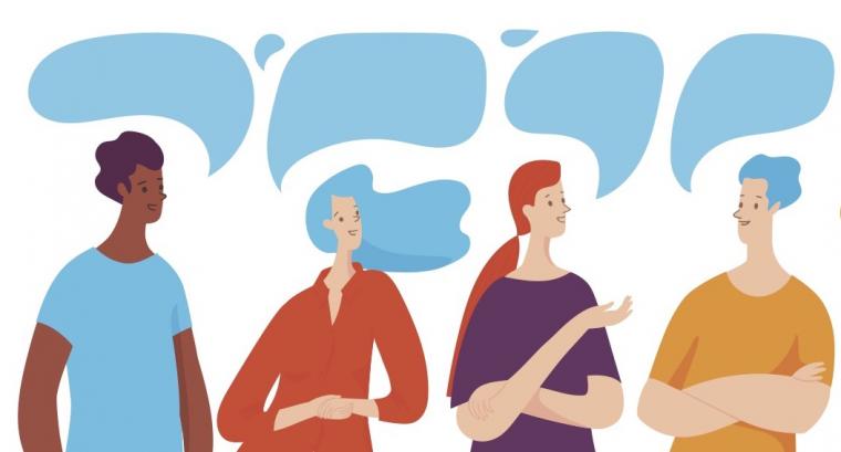 Cartoon of four people having a conversation with blue speech bubbles above their heads. No text.