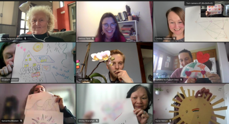 9-square collage of CESI staff members holding homemade artwork to the camera and smiling