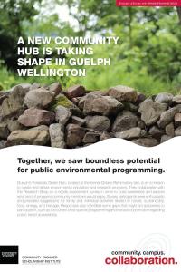 Poster with a photo of an outdoor rock wall and the title of "a new community hub is taking shape in Guelph Wellington"